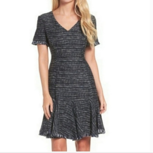 Eliza J Dresses & Skirts - Eliza J Tweed Fringe Fit and Flare Dress Navy size 14
